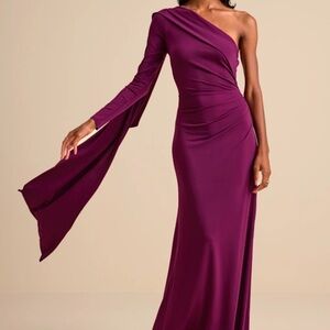 NWT Lulu's Maru Plum Purple Long Sleeve One-Shoulder Sash Maxi Dress